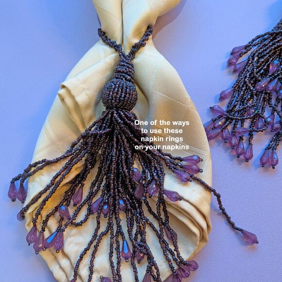 Set of 6 purple lushly beaded VTG napkin rings, Hand Made in India, 8" length - Picture 6 of 15